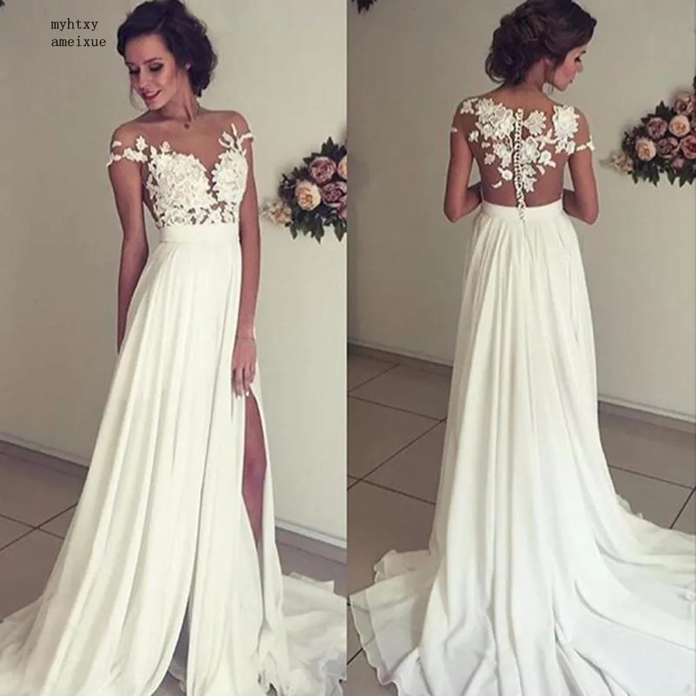 2020 Chiffon E Raso Scoop Sweep Treno Lungo Cerniera A-line Manica Ad Aletta Economici Da Sposa In Pizzo