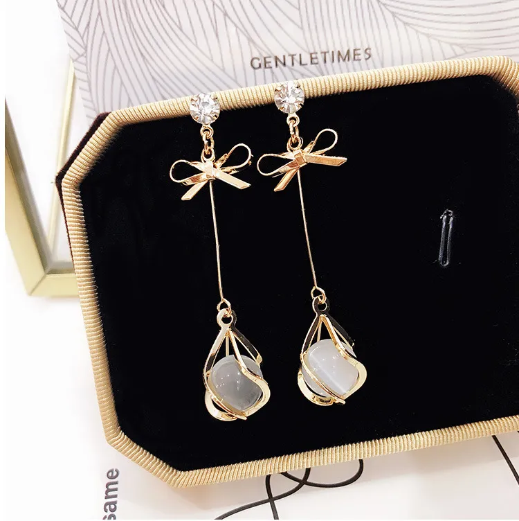 Japan And South Korea New Bow Opal Earrings Simple Versatile Hipster Earrings Drop Long Style Temperament Ear Clip Female Wholesale