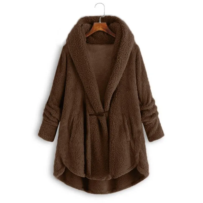 Plüsch Fleece Mantel Plus Größe Frauen Winter Flauschigen Mode Lässig Feste Langarm Mit Kapuze Gefälschte Pelz Woll Mantel Weiblichen Mantel