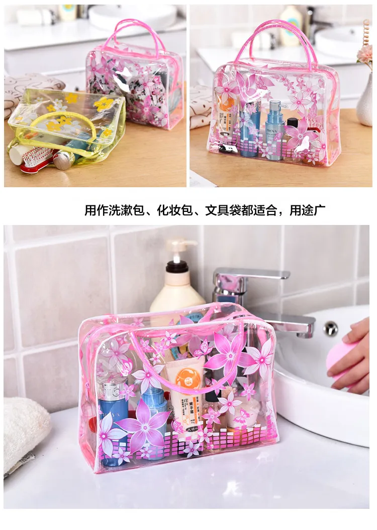 pvc finishing floral transparent washing bag, bathing cosmetic bag, outdoor travel storage washing bag, waterproof washing bag