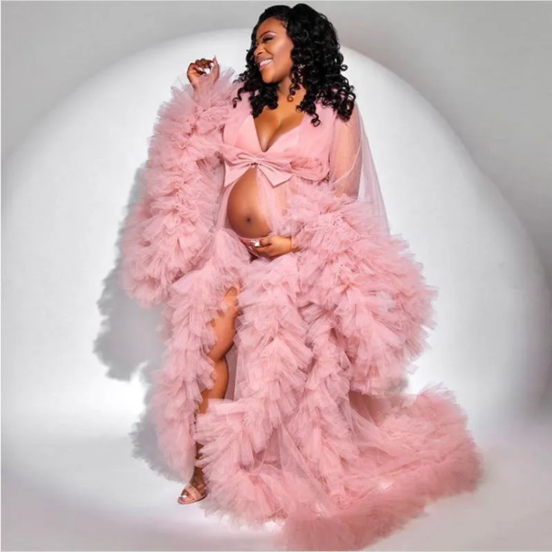 Tulle Ruffles Pink Kimono Women Dresses Robe for Photoshoot Extra Puffy Sleeves Prom Gowns African Cape Cloak Maternity Dress Photography