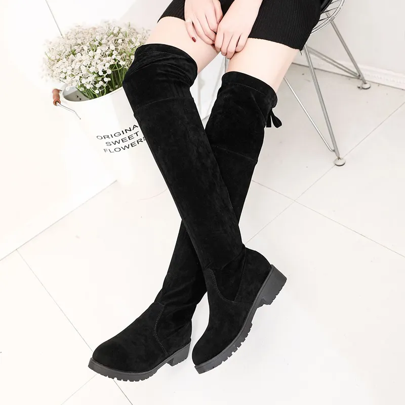 New Thigh High Boots Women Over The Knee Boots Fashion Sexy Women Black Flat Heel Shoes Faux Suede Autumn Winter Shoes
