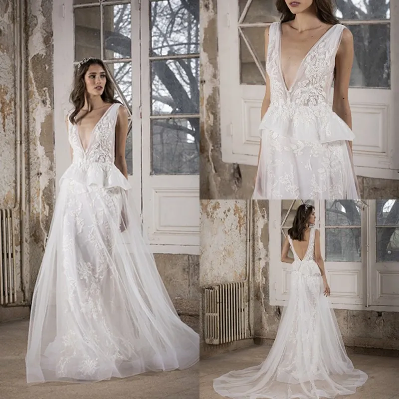 Tony Ward 2021 Brautkleider Sexy tiefer V-Ausschnitt Spitze Applikationen Brautkleider Nach Maß rückenfrei Sweep Zug A-Linie Brautkleid