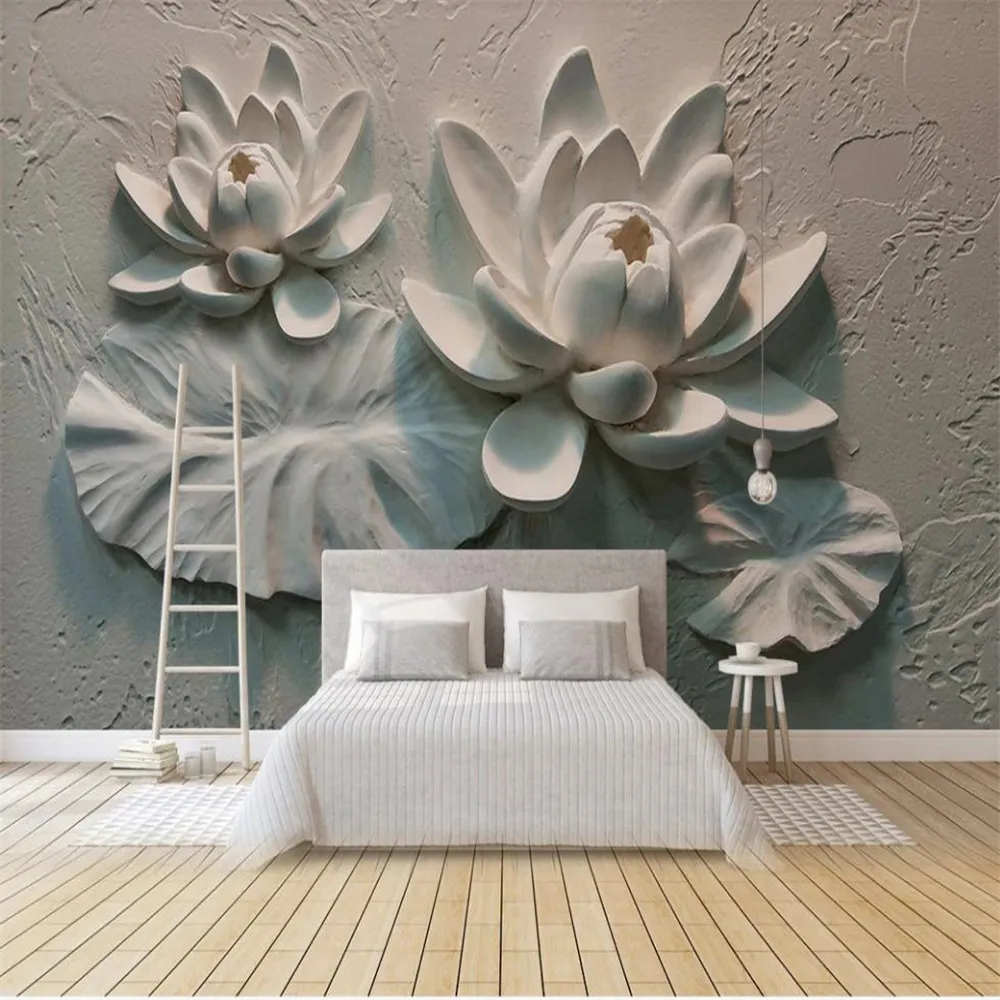 Modern tapet för vardagsrum 3D tredimensionell lättnad lotus tapeter bakgrund väggdekoration målning