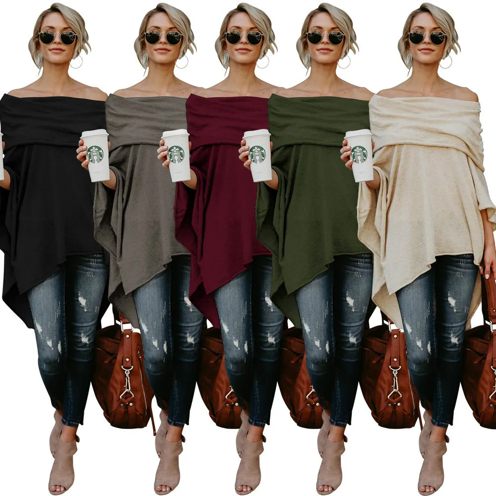 Kobiety Jesień Huśtawka Batwing Rękaw Bluzki Koszule Kobiety Ramię Szal Bluzka Solid Casual Loose Slash Neck Nieregularne Koszulki Top