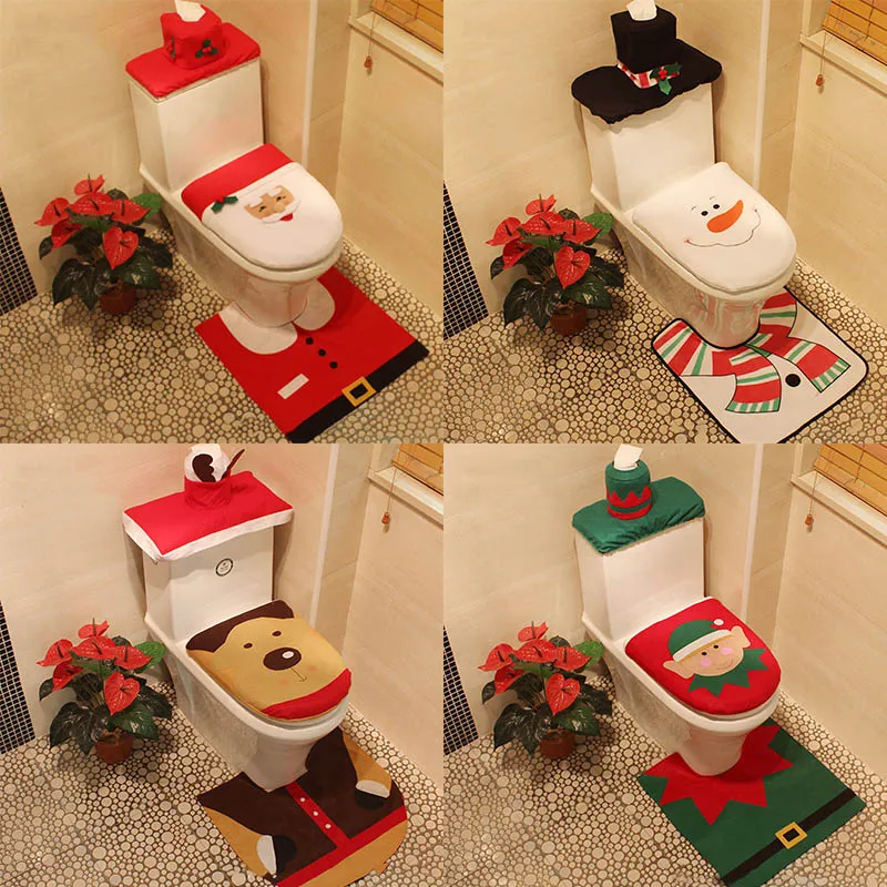 Almohadilla para pie de inodoro, tapa de asiento, decoración navideña, cubierta de asiento de inodoro de Papá Noel feliz y alfombra, accesorio de baño, Papá Noel