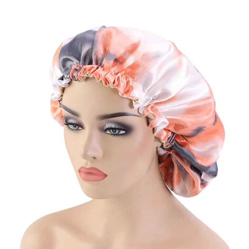 Ny Tie-färgad Satin Bonnet Justera Hår Styling Kepsar Skriv ut Stora Dubbelskikt Silky Sova Cover Cap Night Hat Hair Styling Tools