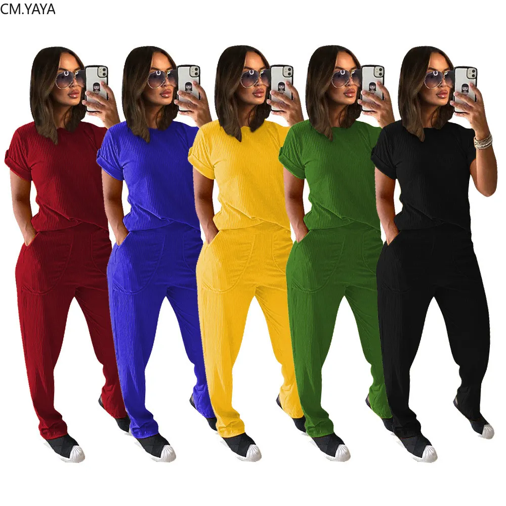 Cm.yaya kvinnor sport solid två styck set stickade tee toppar lös penna jogger sweatpants passar tracksuit matchande set outfits y0506