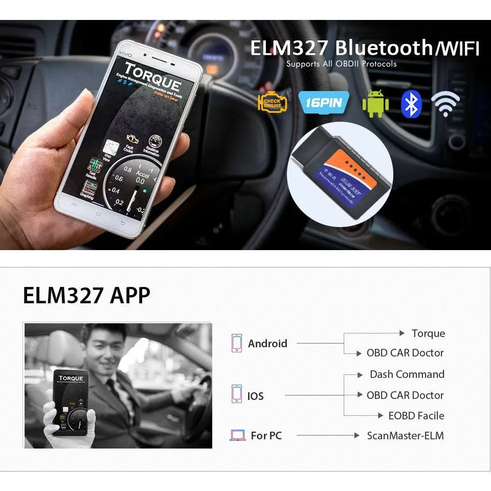 ELM327 Bluetooth V2.1 Chip OBD2 Scanner Code Reader ELM 327 For Android  Windows IOS 