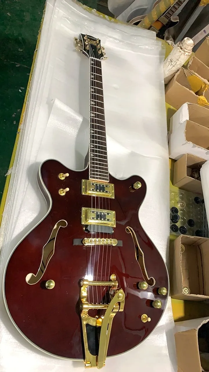 Guitare électrique jazz semi-creuse personnalisée, quincaillerie dorée à trou F, marron vin personnalisé, vente en gros, livraison gratuite