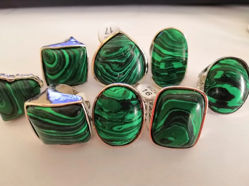 Anillos chapados en plata de aleación de piedras preciosas de malaquita natural para mujer, anillo de joyería de moda al por mayor, nuevos lotes mixtos 25 unids/lote