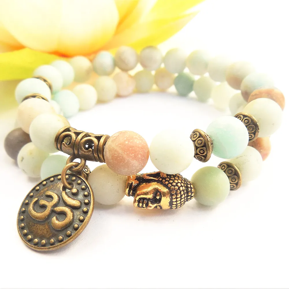 MG0791 Matte Amazonita Pulseira Buddha Set Handmade Natural Bracelet Energia Pedra Matching Yoga pulso Mala presente Jóias