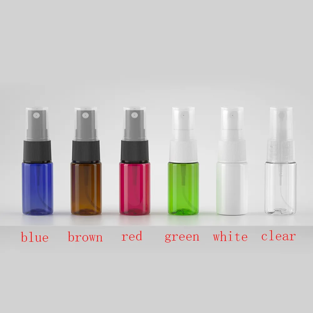 100x10ml Blå Brown Clear White Spray Pet Bottle 10cc Small Travel Perfume Container med Mist Sprayer Pump, Hotell Flaskor