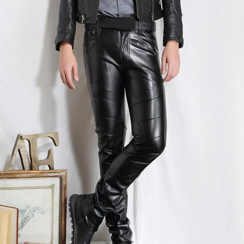 Кожаные брюки мужские однотонные рок-сценический костюм модные брюки мужские высокоэластичные уличные из искусственной кожи мотоцикл2227