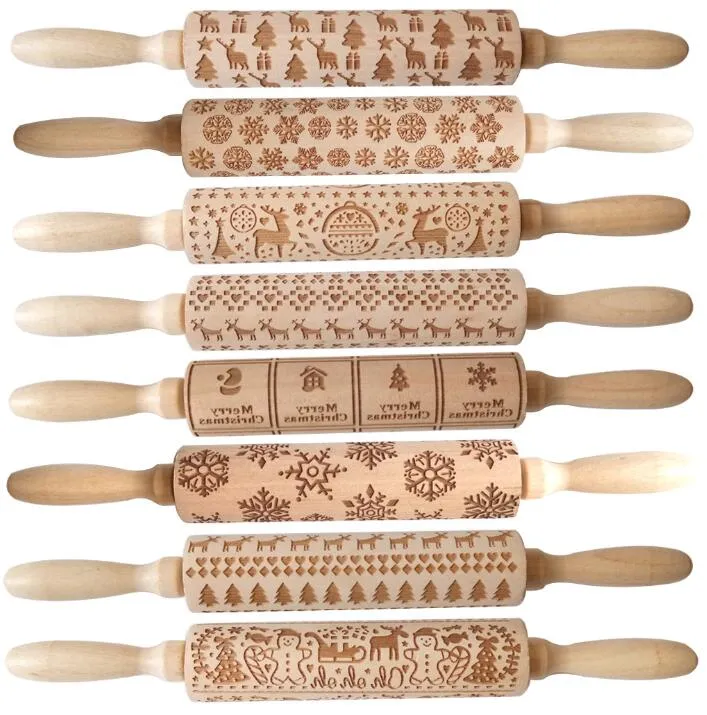 Embossing Rolling Pin Merry Christmas Dekorationer Kakor Biscuit Fondant Cake Dough Graverad Roller Elk Träbakningsformar GGA3680