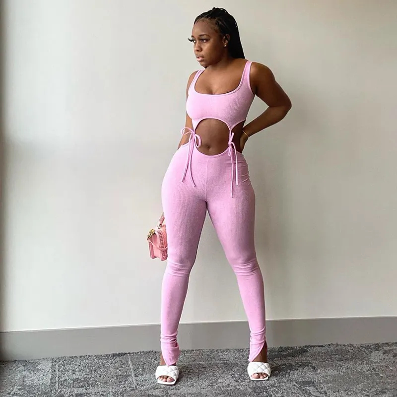 Bandage Fitness Fashion Women Matching Sets Sleeveless Solid Sporty Workout Two Piece Outfits Skinny Top And Pants Set X0923