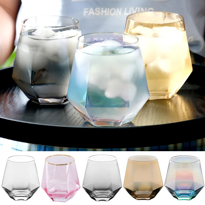 300ml Glass Wine Glasses Milk Cup Colored Crystal Glass Geometry Hexagonal Cup Phnom Penh Whiskey Cup XD23610