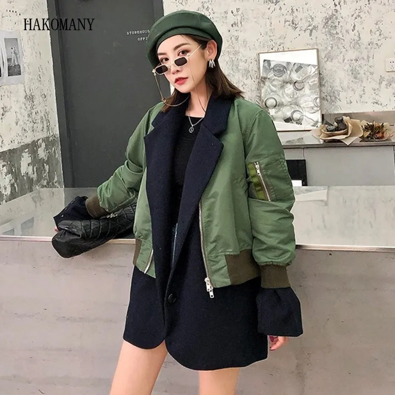 2019 Harajuku Spliced False 2 piece Set Collar Pilots Jacket Women Vintage Bomber Pilots Coat Outerwear Tops