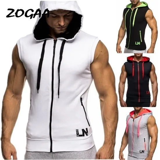 Zogaa Moda Spor Salonları Fitness Vücut Geliştirme Kolsuz Kolsuz Hoodie Erkekler Pamuk Bahar Antumn Fermuar Kapüşonlu Spor Tişörtü