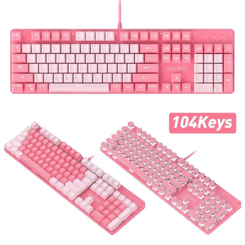 Keyboards meninas rosa teclado sets true eixo backlit punk keycap com eixo verde mecânico USB 3200dpi mudo