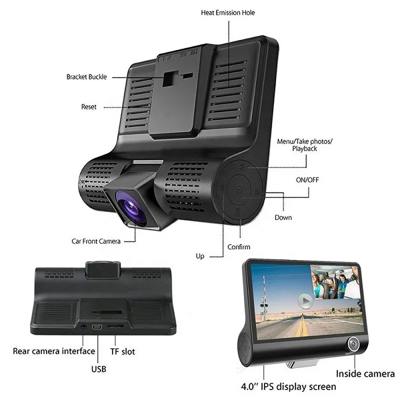 Freeshipping HD Night Car DVR Dash Cam 4.0 tums videobandspelare Auto Camera 3 Kameralinsen med bakifrån Kamera Registratör Dashcam DVR
