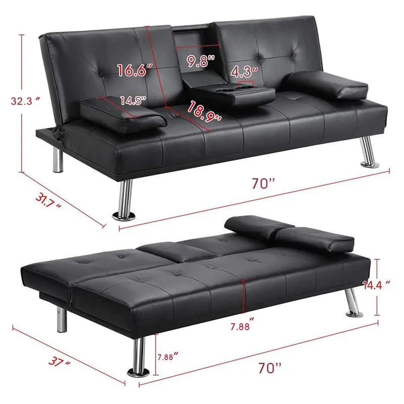 Schwarz Aufklappbares Sofa Mit Armlehne / 2 Becherhalter / Leinengewebe /  Metallbeine Lehnstuhl Couch Wohnmöbel EASY ASSEMBLY W36814055 Von 301,44 €