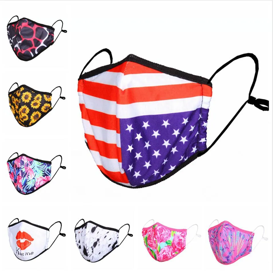 28 Styles Face Mask 3D Printed Leopard USA Flag Leaf Cotton Masks Ear Loop Adjustable Anti Dust Haze Durable Breathable Mouth Cover LJJP304