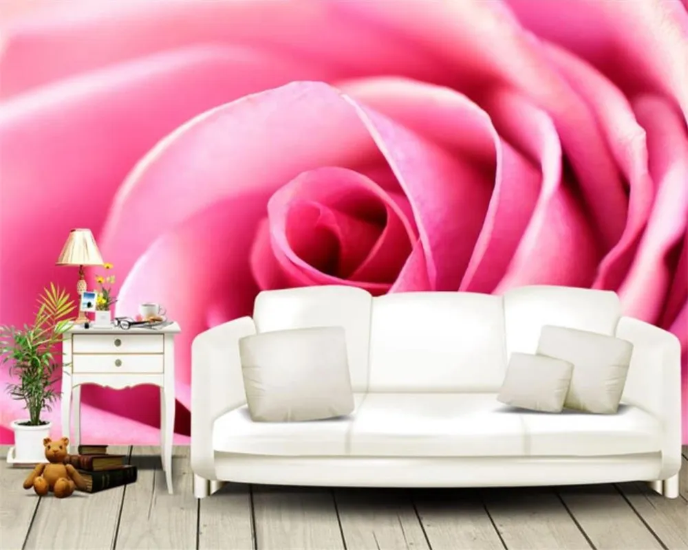 사용자 정의 모든 크기 3d 벽지 아름 다운 로맨틱 핑크 장미 TV 배경 벽 낭만적 인 꽃 장식 실크 3D 벽화 벽지