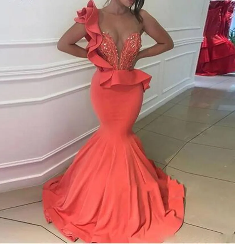 New Beautiful Coral Mermaid Prom Dresses Zipper Back Beaded Satin Formal Dress Evening Wear Abendkleider Robe de soiree Custom Made