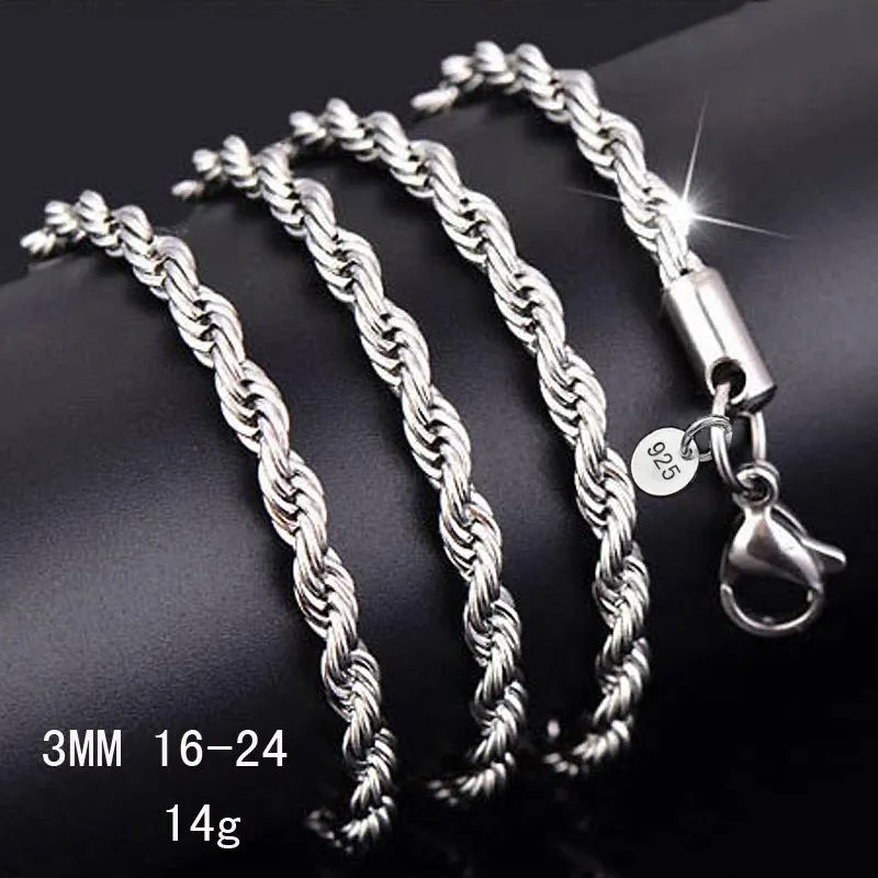 925 collana di catene a corda in argento sterling 3mm da 3 mm 16-30 pollici graziose fascino della moda con la catena contorta gioielleria per uomini donne fai-da-te nuovo economico