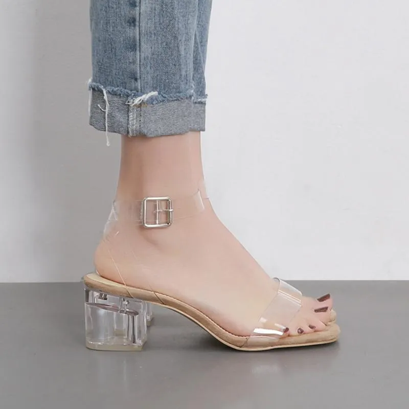 Women's Clear Block Heeled Sandals Square Open Toe - Temu