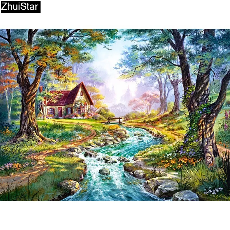 Bordado de diamantes paisaje cuadrado completo/taladro cuadrado resina decoración de jardín pintura de diamantes punto de cruz Fairy Cottage XY1