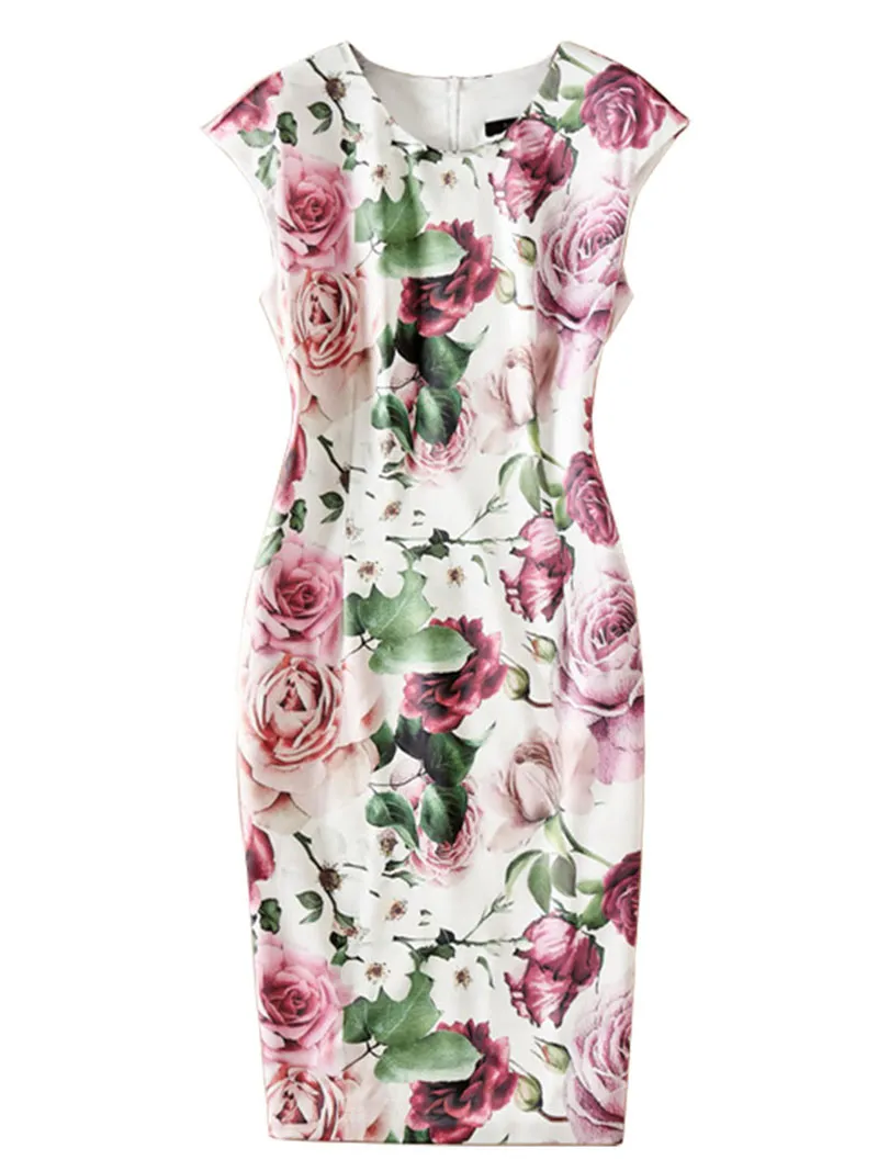 Flower Print Women Sheath Dress O-Neck Cap-Sleeve Dresses