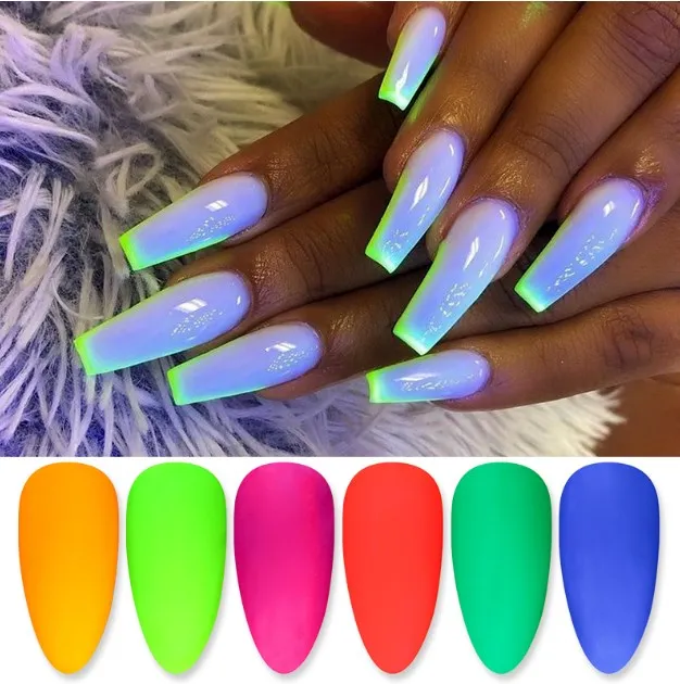 1 caixa néon fluorescente prego pó prego glitter brilho em escuro colorido cromo pigmento glimmer poeira nail art decoração