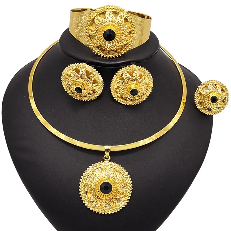 Yulaili Hot Sell African Pure Gold Color Party Costume Round Necklace Earrings Bracelet Ring for Women Ethiopia Jewelry Sets Free Shipping