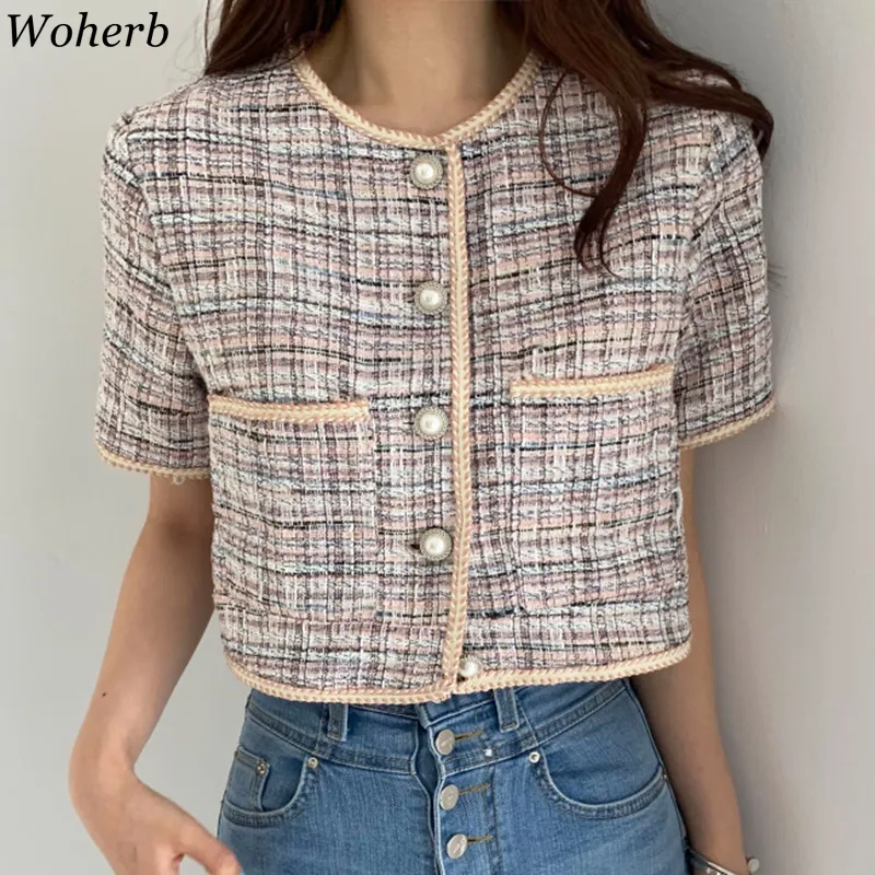 Women s Jackets Woherb 2021 Elegant Twill Tweed Jacket Women Vintage Lattice Plaid Tassel Short Sleeve Ladies Spring Summer Thin Coat