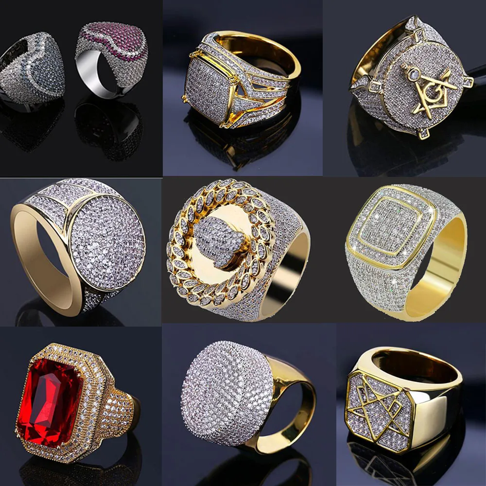 Anelli ghiacciati in oro 18K MENS HIP HOP GIEGLIE BLING BLING COOL ZIRCONIA STONE DEISNGER UOMINI HIPHOP RINGI DEGNI GIORNALITÀ