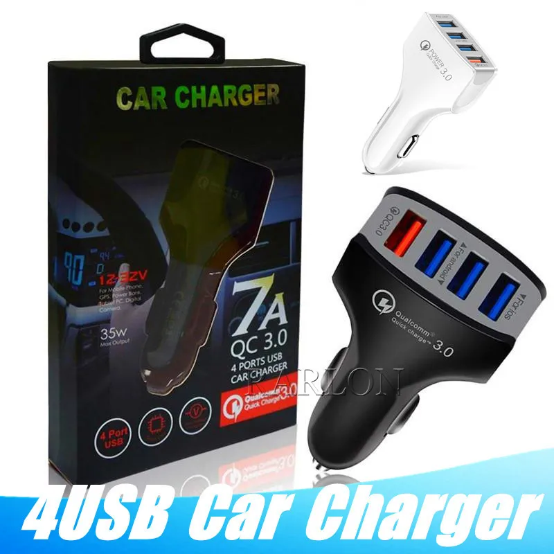 Ny QC 3.0 Billaddare 4 USB-portar Snabb laddning Strömadapter Laddare Vehicle Portable Fast Laddning för Samsung Google med paket