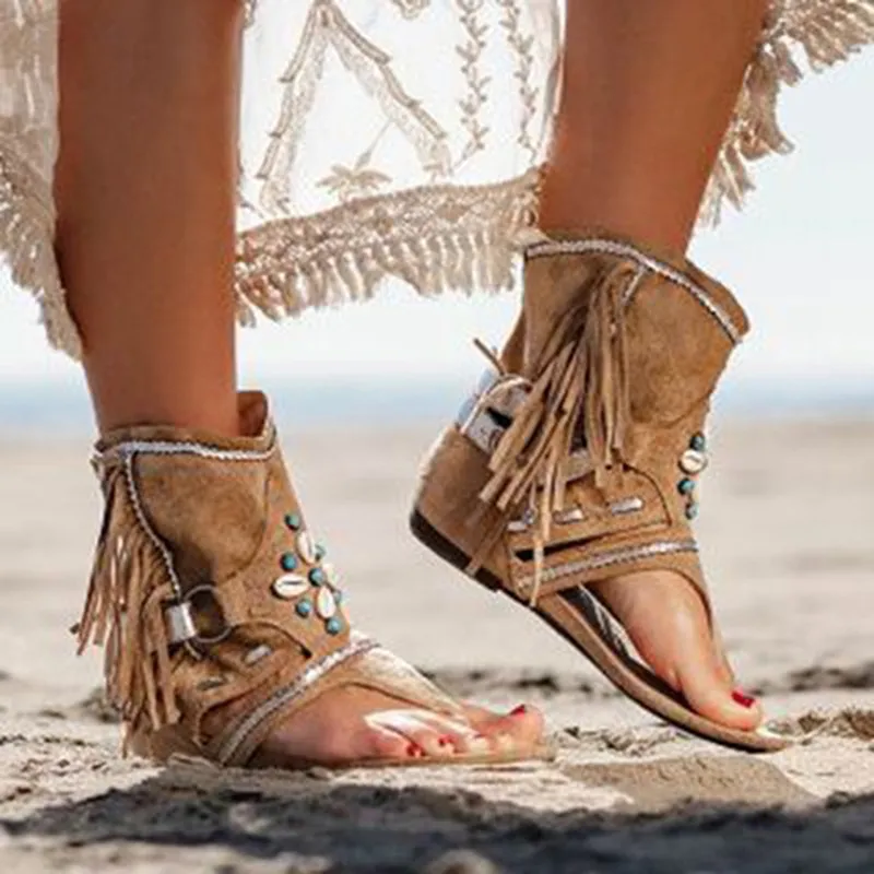 Böhmen Sommar Kvinnor Sandal Etnisk Stil Tassels Ladies Ankel Boots Sandal Shoe Rom Thong Gladiator Flat Sandaler