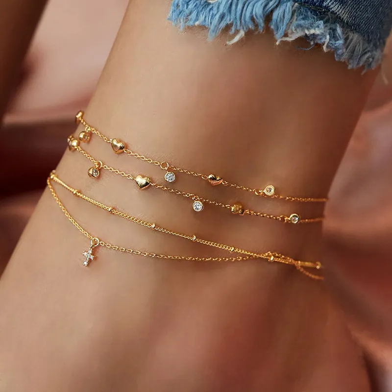 Bohemian MultiLayer Rhinestone Heart Anklets För Kvinnor Guld Kors Pendant Anklet Ankel Armband på ben Sexiga Barefoot Smycken Ny