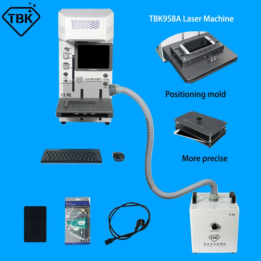 TBK958A laser de vidro traseiro remove a máquina completa com extrator de fumaça e moldes para iphone 8g a 12pro max separando diy logotipo gravura