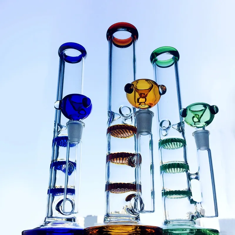 Heady Glass Bong Straight Tube Triple Honeycomb Percolator Perc Colorful Bongs Tonado Oil Dab Rigs 14mm Joint With Bowl WP525