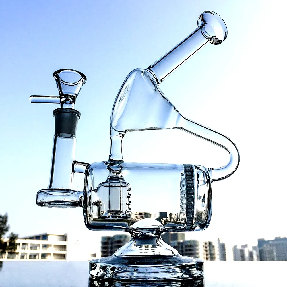 Einzigartige Glasbongs, klare Inline-Perc-Perkolator-Wasserpfeifen-Recycler-Bong-Öl-Dab-Rigs, 14-mm-Gelenk-Wasserpfeifen mit Schüssel