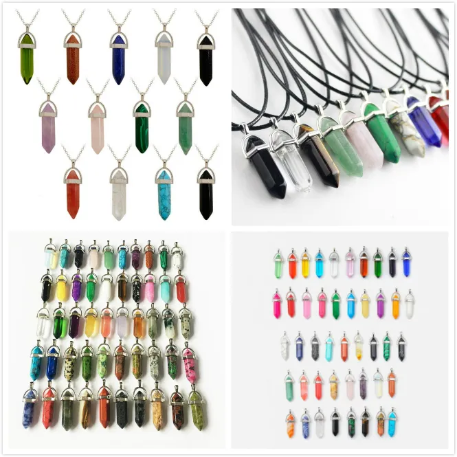 Colar de jóias Cheap Curing Crystals Ametista Rosa Quartz Bead Chakra Point Point Mulheres Homens Natural Pedra Pingentes Colares de Couro