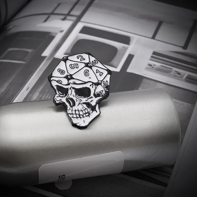 Skeleton skull word D20 face dice digital creative Dungeons and Dragons enamel pin trendy personality cool retro punk brooch pin clothes bac