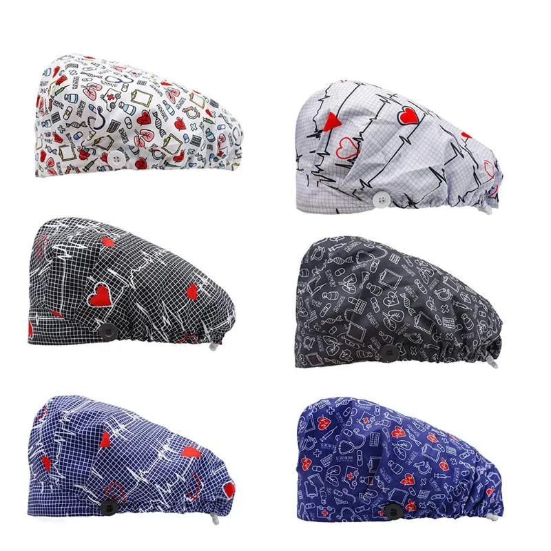 Unisex Cap Fashion Printed Button Arbete Apotek Justerbar Caps Lab Clinic Operation Hat Skönhetssalong Nursing Caps