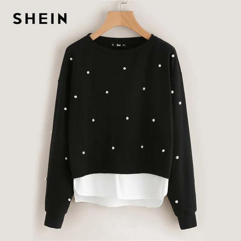 Compre Sudadera SheIn Mujer Pearl Beading 2 En 1 Sudadera Otoño Mujer Sudadera  Negra Manga Larga Elegantes Jerseys CX200808 A 15,54 € Del Huafei05 |  Es.Dhgate.Com