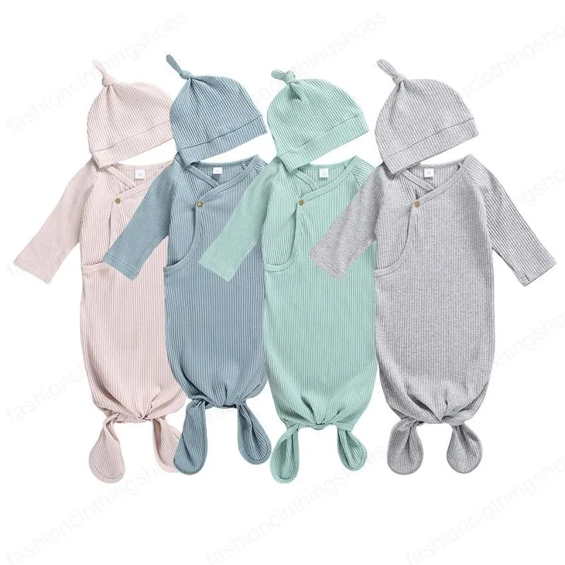 Slaapzakken pasgeboren baby swaddle deken hoed 2 pc's wrap ins peuter cartoon slaapzakken fotografie prop pit gebreide vaste baby slaapzak