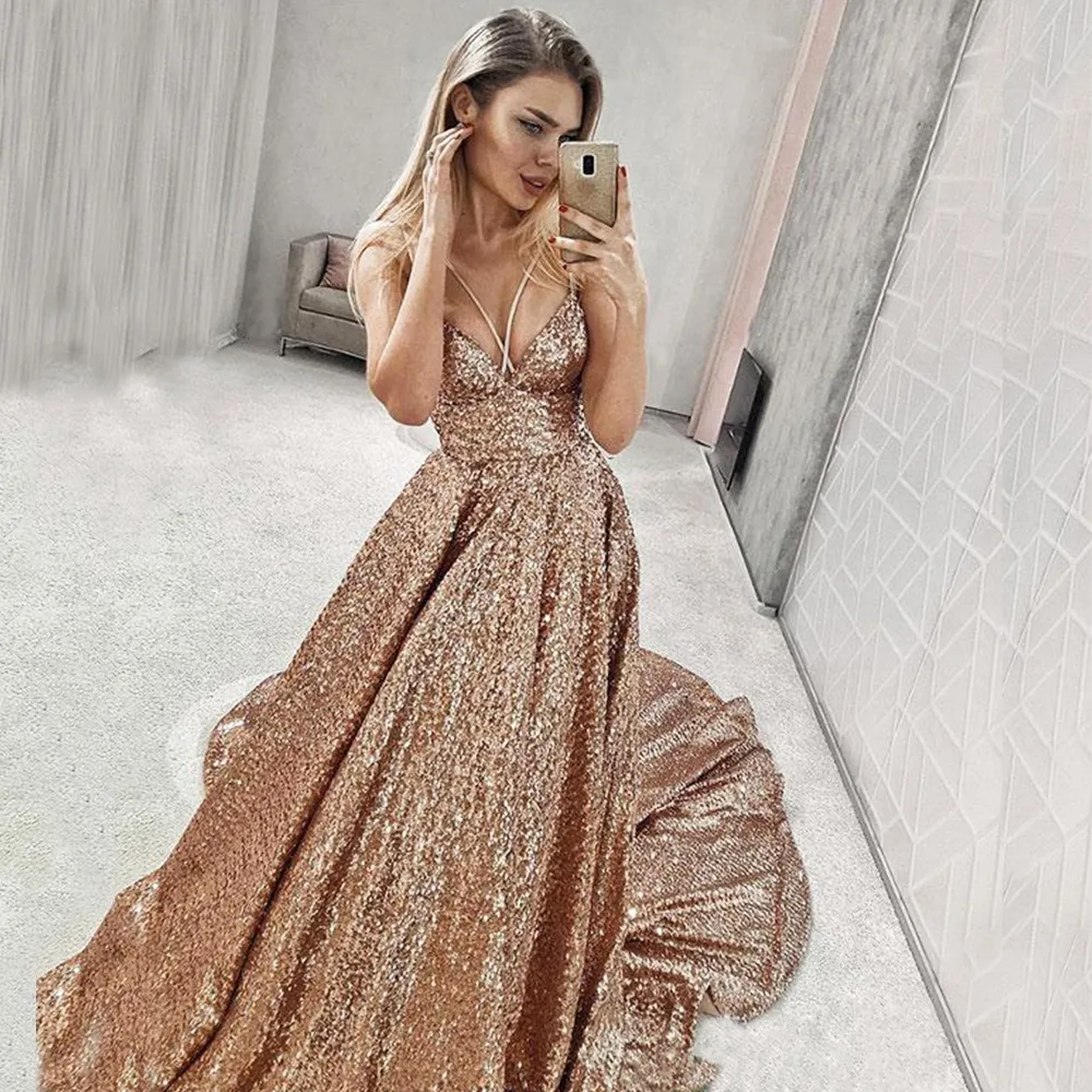 New Glitter Evening Dress Gold Gown Formal Sexy Back Prom Party Dress Vestido Longo Festa Glitter custom made