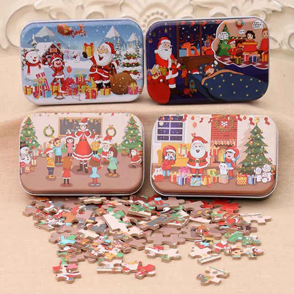 Noël en bois bricolage cadeau enfants père noël boîte de fer en bois double face puzzle maternelle cadeau